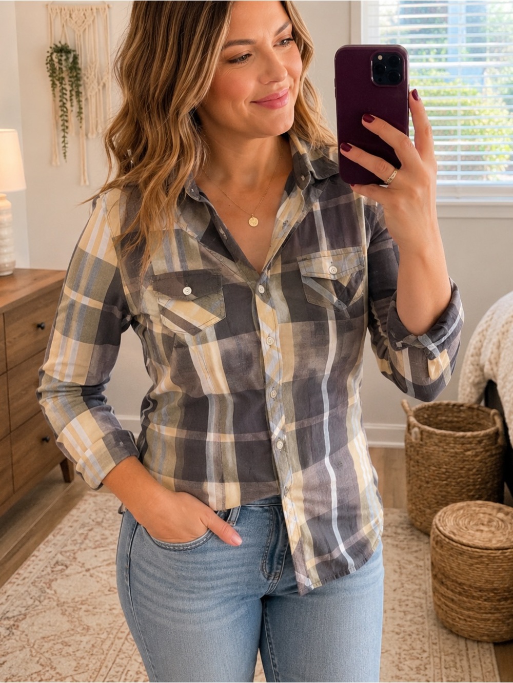 Plaid Button Down Shirt Western Gray Yellow Roll Tab Sleeves Women’s Small